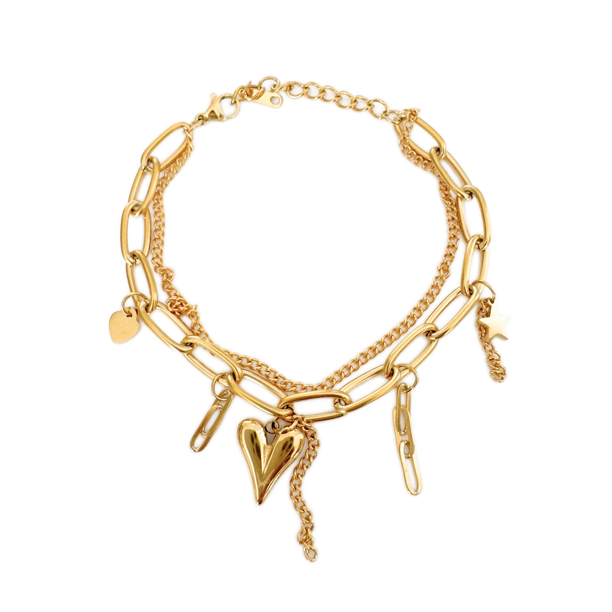 An 18k gold plated bracelet with a heart and star charm, featuring chunky gold-plated links and delicate cable chains.
