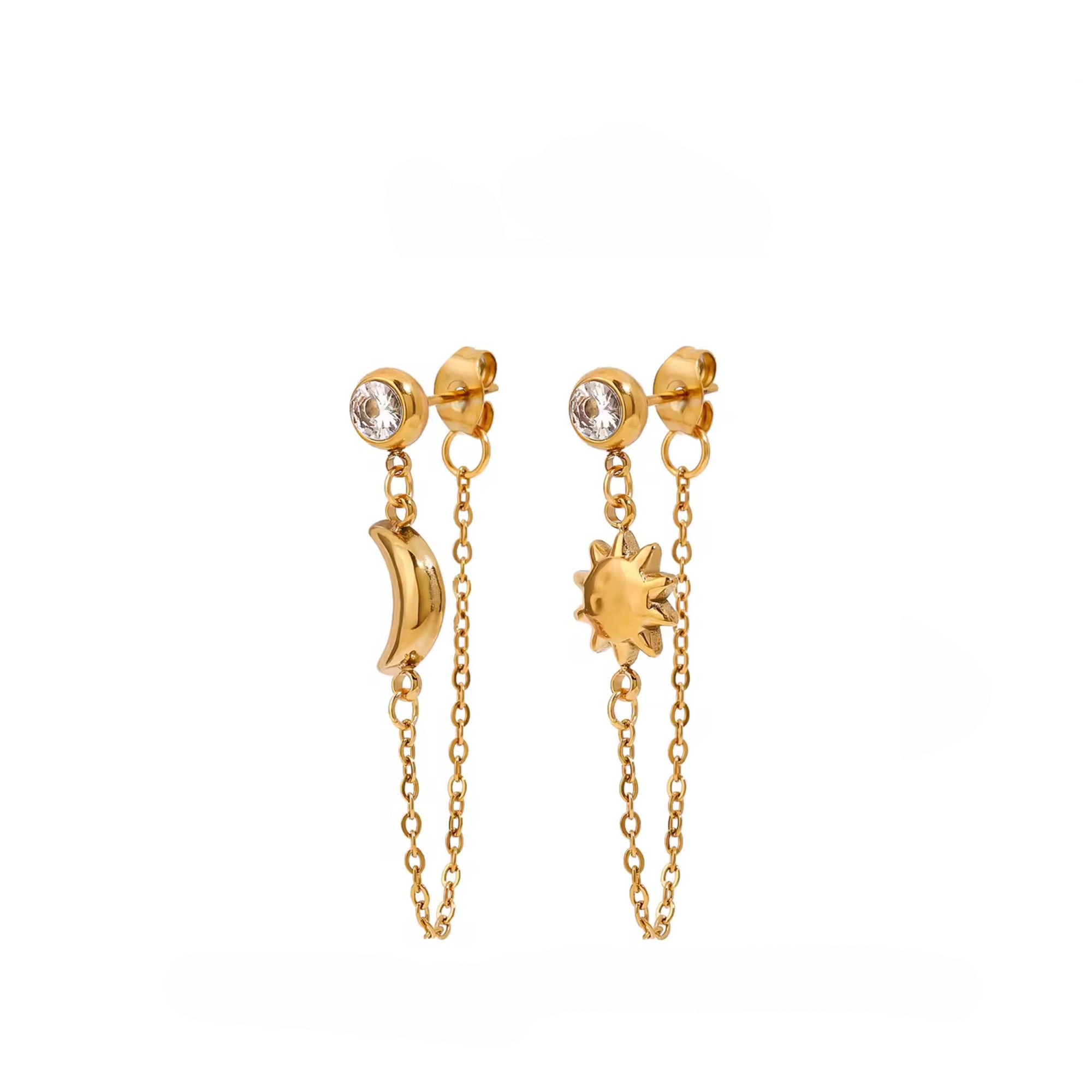 Gold earrings with chain details on a white background