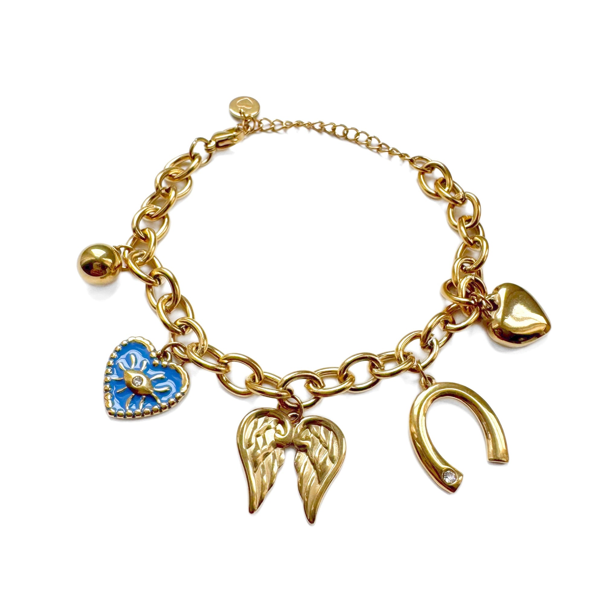 Gold bracelet with heart, angel wing, and horseshoe charms on a white background