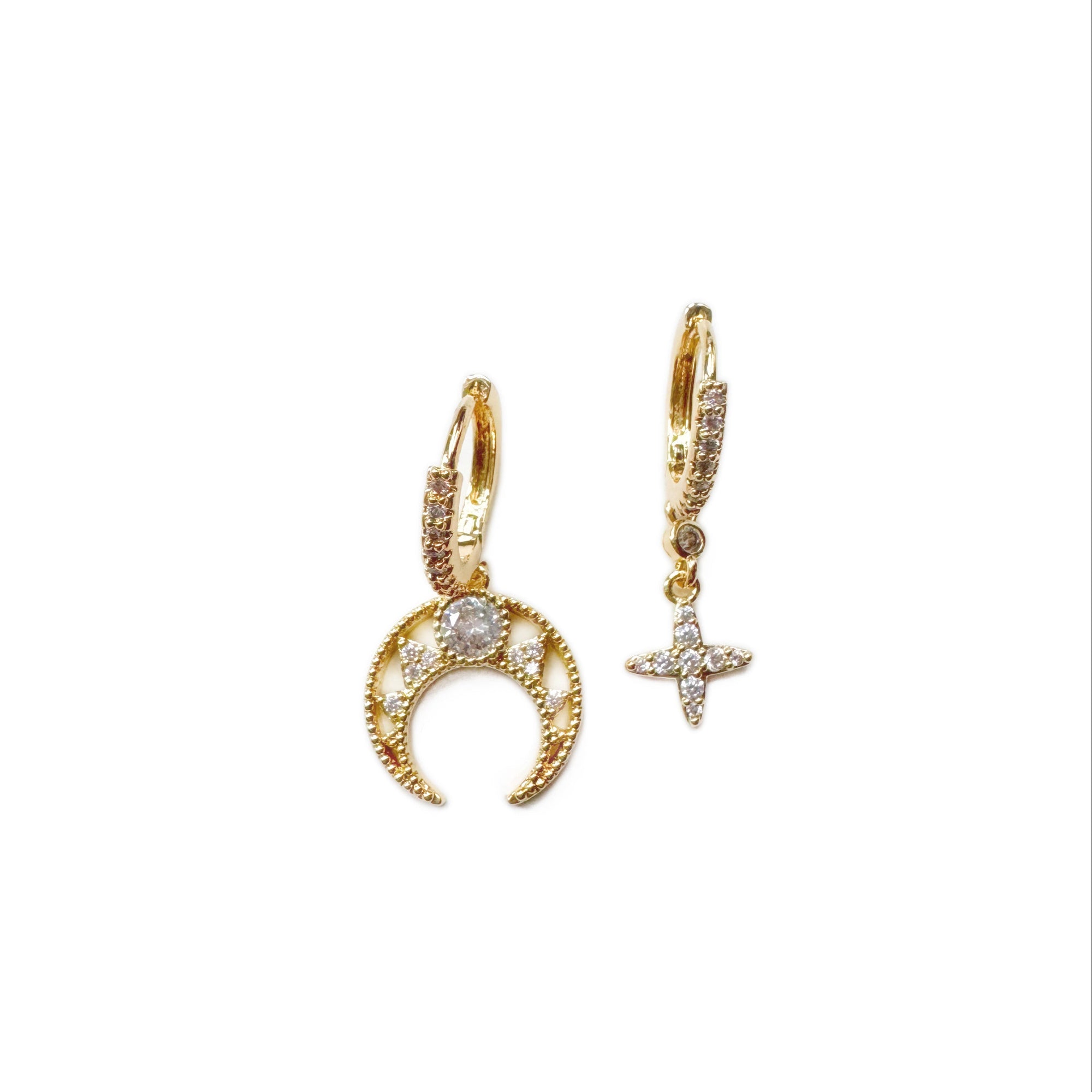 Gold hoop earrings with crescent moon and star designs on a white background