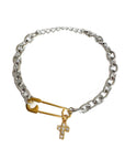 Roxy Bracelet Silver Chain with Gold Safety Pin and Crystal Cross Charm