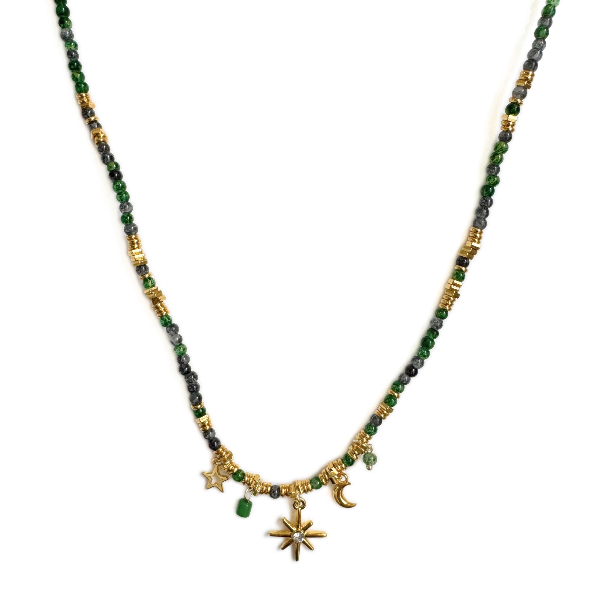 A dark green beaded choker necklace with gold-colored beads and celestial charms.