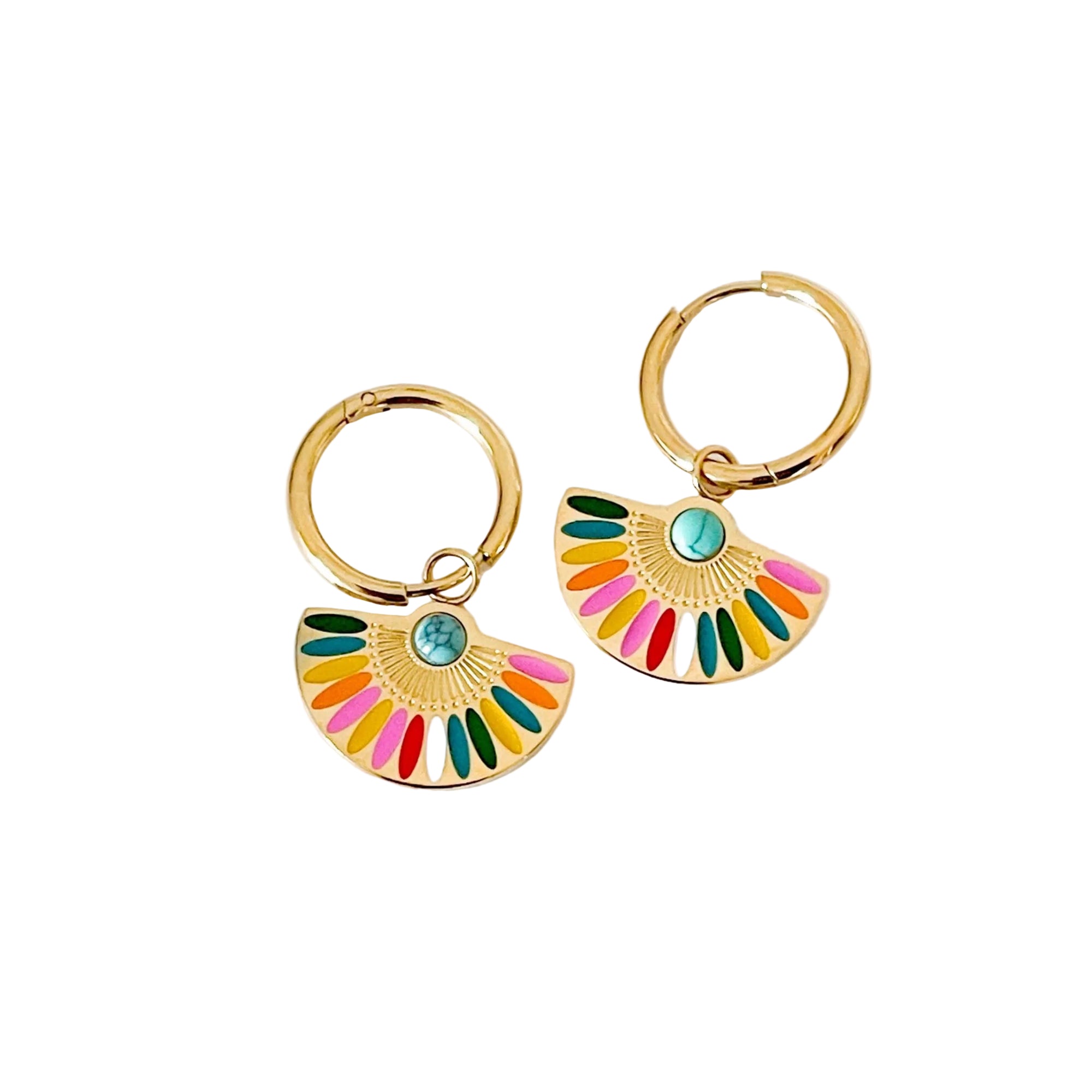 A pair of gold-plated hoop earrings with a multicolored fan charm, displayed against a white background.