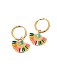 A pair of gold-plated hoop earrings with a multicolored fan charm, displayed against a white background.