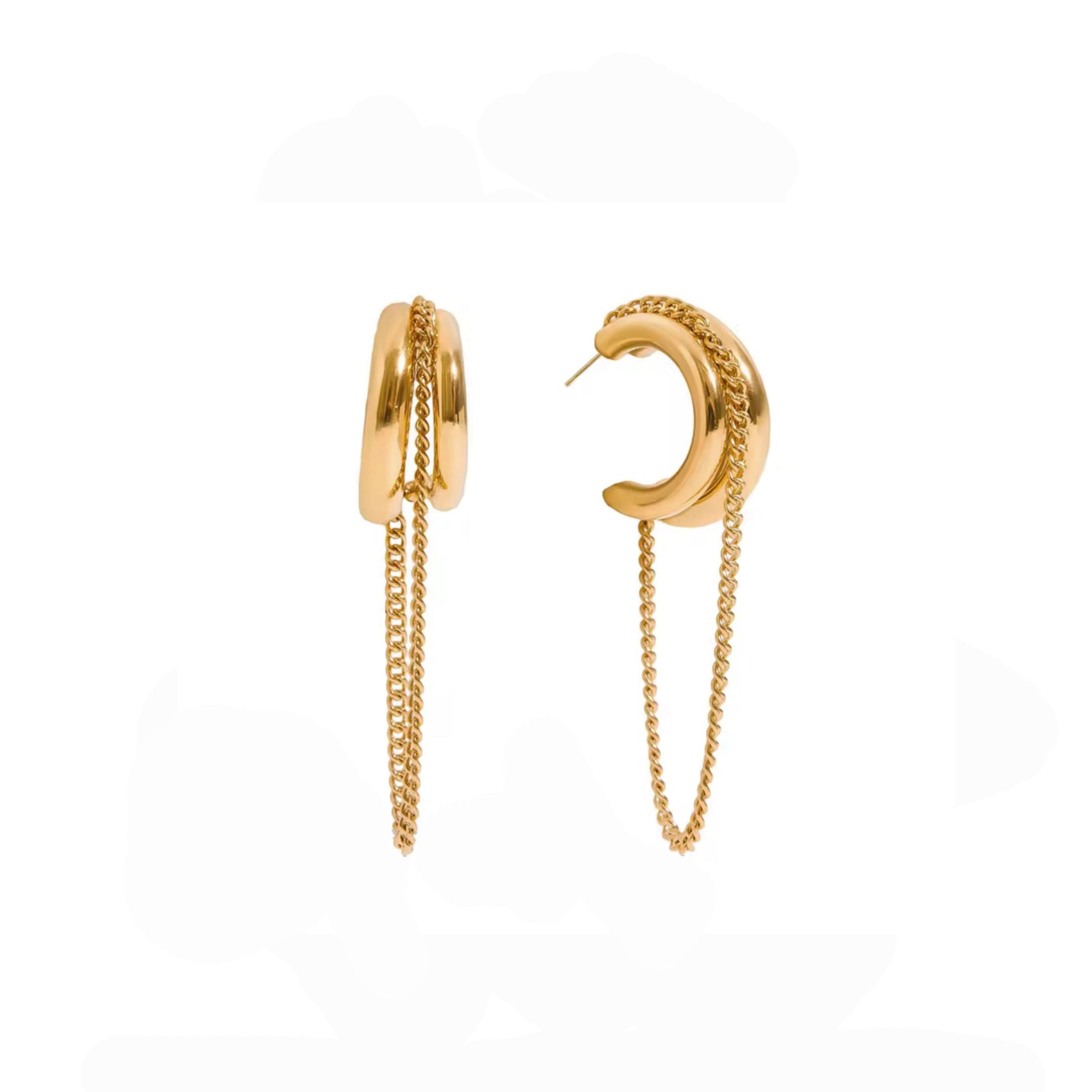 Gold hoop earrings with chain details on a white background